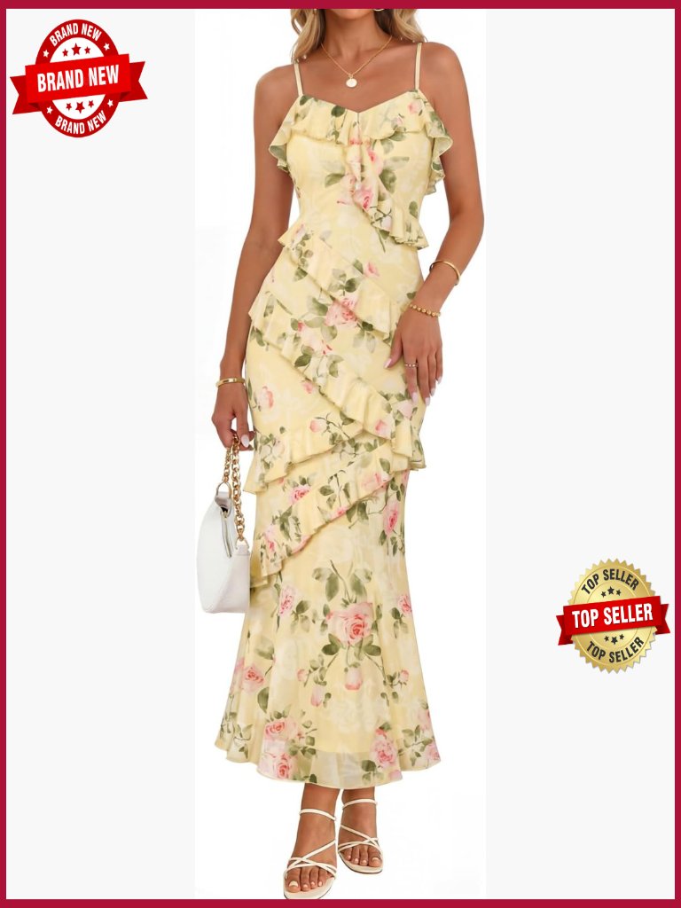 Floral Maxi Bodycon Dress Spaghetti Strap V-Neck Backless Ruffled